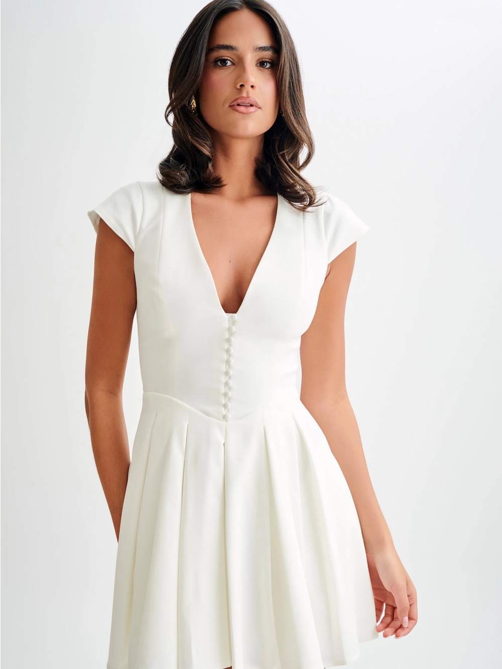 Meshki White V-Neck Cap-Sleeve Mini Dress